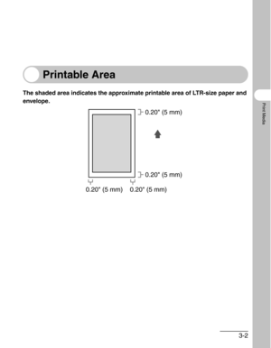 Page 463-2
Print Media
Printable Area
The shaded area indicates the approximate printable area of LTR-size paper and 
envelope.
0.20 (5 mm) 0.20 (5 mm)0.20 (5 mm)
0.20 (5 mm) 