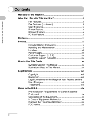 Page 7vi
What Can I Do with This Machine?
Contents
Manuals for the Machine ................................................................. i
What Can I Do with This Machine? ............................................... ii
Fax Features.................................................................... ii
Fax Features (continued).................................................iii
Copy Features ................................................................ iv
Printer Feature...