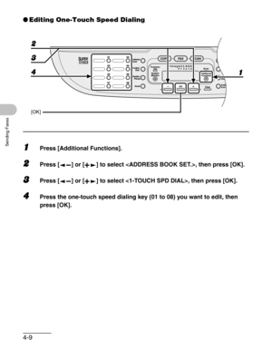 Page 674-9
Sending Faxes
●Editing One-Touch Speed Dialing
1Press [Additional Functions].
2Press [ ] or [ ] to select , then press [OK].
3Press [ ] or [ ] to select , then press [OK].
4Press the one-touch speed dialing key (01 to 08) you want to edit, then 
press [OK].
[OK]
4 1 3 2 