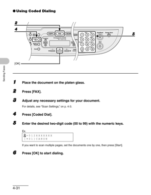 Page 894-31
Sending Faxes
●Using Coded Dialing
1Place the document on the platen glass.
2Press [FAX].
3Adjust any necessary settings for your document.
For details, see “Scan Settings,” on p. 4-3.
4Press [Coded Dial].
5Enter the desired two-digit code (00 to 99) with the numeric keys.
If you want to scan multiple pages, set the documents one by one, then press [Start].
6Press [OK] to start dialing.
2
4
[OK]
5
Ex.
 =012XXXXXXX
[ 01]CANON 