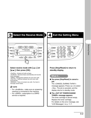 Page 925-2
Receiving Faxes
Select the Receive ModeExit the Setting Menu
Select receive mode with [] or 
[]
, then press [OK].
: Answers all calls as faxes.
: Receives faxes automatically and records 
voice messages.
: Distinguishes between fax and voice calls.
: Switches between fax and voice calls 
automatically.
: Does not answer any calls. You have to 
manually receive faxes.
NOTE
– For , make sure an answering 
machine is connected to the machine.
– For , subscription to a DRPD 
service is required.
Press...