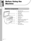 Page 291-1
Before Using the Machine
Before Using the 
Machine
Machine Components
A Platen glass cover
Open this cover when placing a document on 
the platen glass.
B Platen glass
Place documents.
C Operation panel
Controls the machine.
D Output tray
Outputs printouts.
E Front cover
Open this cover when installing the toner 
cartridge or clearing paper jams.
F Multi-purpose feeder
Feeds paper when you insert one by one 
manually.
G Paper cassette
Holds the paper supply.
A
B
C
D
E
F
G 