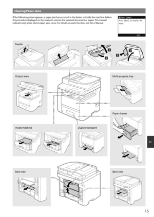 Page 1515
En
Clearing Paper Jams
If the following screen appears, a paper jam has occurred in the feeder or inside the machine. Follow 
the procedure displayed on the screen to remove the jammed document or paper. This manual 
indicates only areas where paper jams occur. For details on each function, see the e-Manual.Paper jammed.Next
Press [Next] to display the
steps.
Output area
Inside machine
Feeder
Multi-purpose tray
Paper drawer
Duplex transport
Back sideBack side
1
2
1
2  