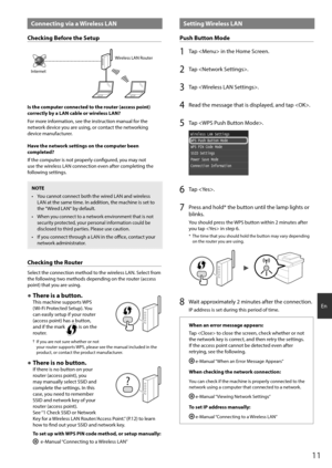 Page 1111
En
Connecting via a Wireless LAN 
Checking Before the Setup
Wireless LAN Router
Internet
Is the computer connected to the router (access point) 
correctly by a LAN cable or wireless LAN?
For more information, see the instruction manual for the 
network device you are using, or contact the networking 
device manufacturer.
Have the network settings on the computer been 
completed?
If the computer is not properly configured, you may not 
use the wireless LAN connection even after completing the...