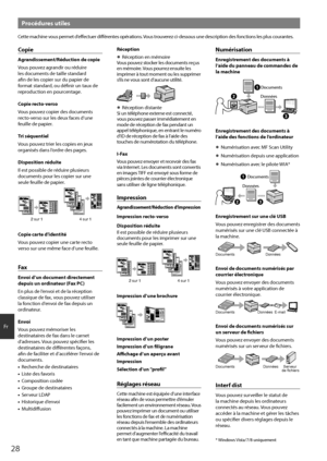 Page 2828
Fr
Procédures utiles
Cette machine vous permet d’effectuer différentes opérations. Vous trouverez ci-dessous une description des fonctions les plus courantes.
Copie
Agrandissement/Réduction de copie
Vous pouvez agrandir ou réduire 
les documents de taille standard 
afin de les copier sur du papier de 
format standard, ou définir un taux de 
reproduction en pourcentage.
Copie recto-verso
Vous pouvez copier des documents 
recto-verso sur les deux faces d’une 
feuille de papier.
Tri séquentiel
Vous...