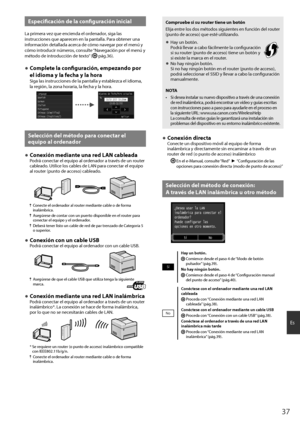 Page 3737
Es
Especificación de la configuración inicial
La primera vez que encienda el ordenador, siga las 
instrucciones que aparecen en la pantalla. Para obtener una 
información detallada acerca de cómo navegar por el menú y 
cómo introducir números, consulte “Navegación por el menú y 
método de introducción de texto” (
  pág.36).
●	Complete la configuración, empezando por 
el idioma y la fecha y la hora
Siga las instrucciones de la pantalla y establezca el idioma, 
la región, la zona horaria, la fecha y la...