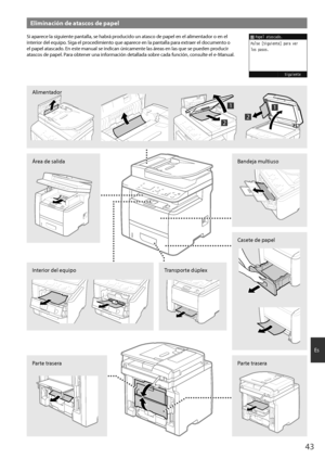 Page 4343
Es
Eliminación de atascos de papel
Si aparece la siguiente pantalla, se habrá producido un atasco de papel en el alimentador o en el 
interior del equipo. Siga el procedimiento que aparece en la pantalla para extraer el documento o 
el papel atascado. En este manual se indican únicamente las áreas en las que se pueden producir 
atascos de papel. Para obtener una información detallada sobre cada función, consulte el e-Manual.Papel atascado.Siguiente
Pulse [Siguiente] para ver
los pasos.
Área de salida...