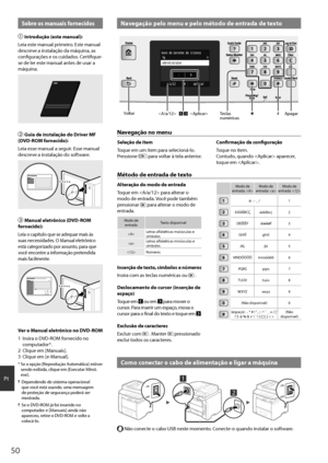 Page 5050
Pt
Navegação pelo menu e pelo método de entrada de texto
Nome do Gerente do SistemaA
Aplicar#
A/a/12
Administrator
 Voltar# Apagar
Teclas 
numéricas


Sobre os manuais fornecidos
 
Introdução (este manual):
Leia este manual primeiro. Este manual 
descreve a instalação da máquina, as 
configurações e os cuidados. Certifique-
se de ler este manual antes de usar a 
máquina.
  Guia de instalação do Driver MF 
(DVD-ROM fornecido):
Leia esse manual a seguir. Esse manual 
descreve a instalação do...