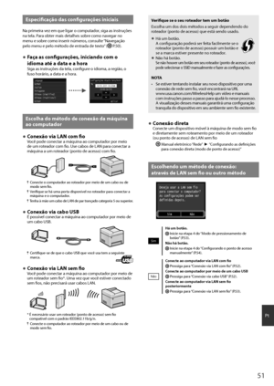 Page 5151
Pt
Especificação das configurações iniciais
Na primeira vez em que ligar o computador, siga as instruções 
na tela. Para obter mais detalhes sobre como navegar no 
menu e sobre como inserir números, consulte “Navegação 
pelo menu e pelo método de entrada de texto” (
  P.50).
●	Faça as configurações, iniciando com o 
idioma até a data e a hora
Siga as instruções da tela, configure o idioma, a região, o 
fuso horário, a data e a hora.
Language
Chinese (Simplified) Portuguese Italian
German
Chinese...