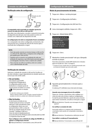 Page 5353
Pt
Conexão via LAN sem fio 
Verificação antes da configuração
Roteador de LAN 
sem fio
Internet
O computador está conectado ao roteador (ponto de 
acesso) via cabo de LAN ou LAN sem fio?
Para obter mais informações, consulte o manual de instruções 
do dispositivo de rede que você está usando ou entre em 
contato com o fabricante do dispositivo de rede.
As configurações de rede no computador foram concluídas?
Se o computador não estiver configurado corretamente, não 
será possível usar a conexão de LAN...