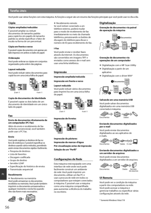 Page 5656
Pt
Tarefas úteis
Você pode usar várias funções com esta máquina. As funções a seguir são um resumo das funções principais que você pode usar no dia a dia.
Cópia
Cópias ampliadas/reduzidas
É possível ampliar ou reduzir 
documentos de tamanho padrão 
para copiá-los em papéis de tamanho 
padrão ou ainda especificar o fator de 
escala na forma de um percentual.
Cópia em frente e verso
É possível copiar documentos com apenas um 
lado impresso em ambos os lados do papel.
Ordenação
Você pode ordenar as...