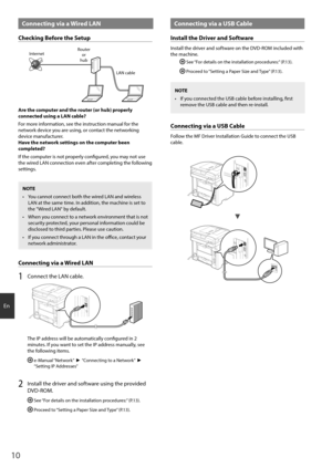 Page 1010
En
Connecting via a Wired LAN
Checking Before the Setup
InternetRouter
or
hub
LAN cable
Are the computer and the router (or hub) properly 
connected using a LAN cable?
For more information, see the instruction manual for the 
network device you are using, or contact the networking 
device manufacturer.
Have the network settings on the computer been 
completed?
If the computer is not properly configured, you may not use 
the wired LAN connection even after completing the following 
settings.
NOTE
•	You...