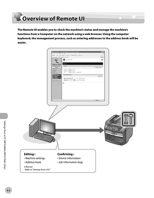 Page 169
Settings from a PC (MF4380dn/MF4370dn Only)
9-2
  Overview of Remote UI  
   Ove rv ie w  o f R em ote  U I  Overview of Remote UI 
 The Remote UI enables you to check the machine’s status and manage the machine’s 
functions from a Computer on the network using a web browser. Using the computer 
keyboard, the management process, such as entering addresses to the address book will be 
easier. 
 