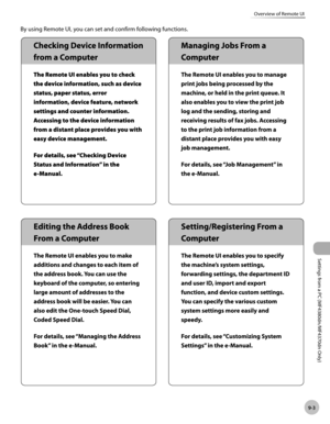 Page 170
Settings from a PC (MF4380dn/MF4370dn Only)
9-3
Overview of Remote UI
 By using Remote UI, you can set and confirm following functions. 
 