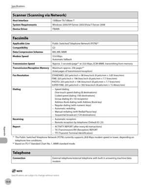 Page 247
13-4
Appendix 
Specifications
 Scanner (Scanning via Network)
Host Interface100Base-TX/10Base-T
System Requirements Windows 2000/XP/Server 2003/Vista/7/Server 2008
Device Driver TWAIN
 Facsimile
Applicable LinePublic Switched Telephone Network (PSTN)*1
CompatibilityG3
Data Compression Schemes MH, MR, MMR
Modem Speed 33.6 Kbps
Automatic fallback
Transmission Speed Approx. 3 seconds/page*
2 at 33.6 Kbps, ECM-MMR, transmitting from memory
Transmission/Reception Memory Maximum approx. 256 pages*
2
(total...