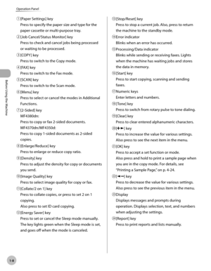 Page 35
Before Using the Machine
1-8
Operation Panel
ƒ [Paper Settings] key 
 Press to specify the paper size and type for the 
paper cassette or multi-purpose tray. 
„  [Job Cancel/Status Monitor] key 
 Press to check and cancel jobs being processed 
or waiting to be processed. 
…  [COPY ]  key 
 Press to switch to the Copy mode. 
†  [FAX]  key 
 Press to switch to the Fax mode. 
‡  [SCAN]  key 
 Press to switch to the Scan mode. 
ˆ  [Menu]  key 
 Press to select or cancel the modes in Additional...