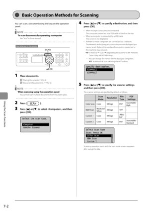 Page 1127-2
Using the Scan Functions
 You can scan a document using the keys on the operation 
panel. 
  NOTE  To scan documents by operating a computer 
 See “Scan” in the e-Manual. 
  
 
Keys to be used for this operation
OK
SCAN  
 1 Place documents. 
  “Placing Documents” (àP.2-4) 
 
 “Document Requirements ” (àP.2-2) 
   NOTE  When scanning using the operation panel 
 You cannot scan multiple documents from the platen glass. 
  
 2 Press []. 
 3 Press [] or [] to select , and then 
press [OK]....