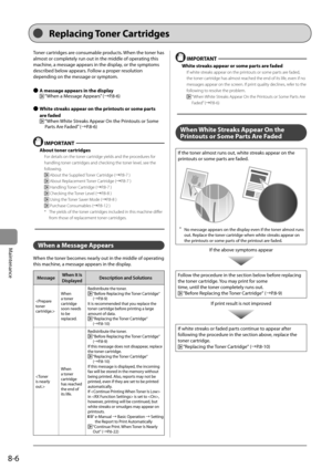 Page 1208-6
Maintenance
 Toner cartridges are consumable products. When the toner has 
almost or completely run out in the middle of operating this 
machine, a message appears in the display, or the symptoms 
described below appears. Follow a proper resolution 
depending on the message or symptom. 
   
Ô  A message appears in the display 
 
 “When a Message Appears” (àP.8-6) 
  
 
Ô  White streaks appear on the printouts or some parts 
are faded 
 
  “When White Streaks Appear On the Printouts or Some 
Parts...