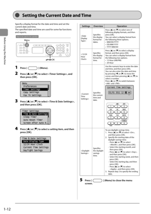 Page 361-12
Before Using the Machine
 Setting the Current Date and Time  
Specify a display format for the date and time and set the 
current date and time.  
 The specified date and time are used for some fax functions 
and reports. 
 
Keys to be used for this operation
Menu
OK 
 1 Press [] (Menu). 
 2 Press [] or [] to select , and 
then press [OK]. 
     
Menu
 Preferences
 Timer Settings
 Copy Settings
 Fax TX Settings  
 3 Press [] or [] to select , 
and then press [OK]. 
     
Timer Settings
 Time & Date...