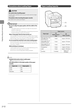 Page 482-12
Document and Paper Handling
  CAUTION 
 Be careful when handling paper 
 Handle paper carefully not to cut your hands with the edges 
of the paper. 
 Precautions when inserting the paper cassette 
 Be careful not to catch your fingers. 
   Precautions  when  Loading  Paper 
  IMPORTANT 
 Be sure to align the paper guides with the width of the 
paper. 
•   If the paper guides are too loose or too tight, this may result in misfeeds or paper jams.  
•   Printouts may be askew depending on the printing...
