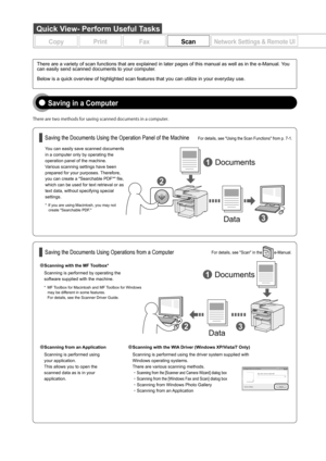 Page 6 
CopyPrintFaxScanNetwork Settings & Remote UI
Saving in a Computer
5IFSFBSFUXPNFUIPETGPSTBWJOHTDBOOFEEPDVNFOUTJOBDPNQVUFS
Scanning with the MF Toolbox*
Scanning is performed by operating the 
software supplied with the machine.
Scanning from an Application
Scanning is performed using 
your application.
This allows you to open the 
scanned data as is in your 
application.You can easily save scanned documents 
in a computer only by operating the 
operation panel of the machine.
Various...