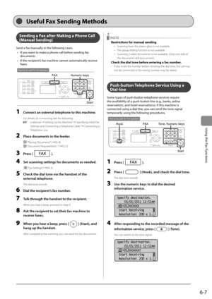 Page 916-7
Using the Fax Functions
   Sending a Fax after Making a Phone Call 
(Manual Sending) 
 Send a fax manually in the following cases.  •   If you want to make a phone call before sending fax  documents 
•   If the recipient’s fax machine cannot automatically receive  faxes 
 
Keys to be used for this operation
FA X
Start
Numeric keys  
 1  Connect an external telephone to this machine. 
 For details on connecting, see the following. 
 
 e-Manual 
à Setting Up the Machine  à Specifying Initial Fax...