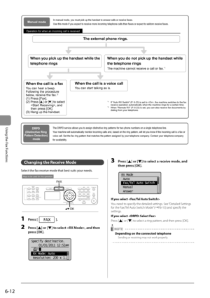 Page 966-12
Using the Fax Functions
 
Operation for when an incoming call is received
*1  If Auto RX Switch (P. 6-23) is set to , the machine switches to the fax receive operation automatically when the machine rings for a certain tim\
e.
*2  When Remote RX (P. 6-23) is set, you can also receive fax documents by dialing from your telephone.
The external phone rings.
When you pick up the handset while the 
telephone rings
When the call is a fax When the call is a voice callWhen you do not pick up the handset...