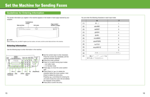 Page 9
15
Set the Machine for Sending Faxes
Guidelines for Entering Information
The sender information you register in the machine appears in the header of each page received by your 
recipient.
NOTE
Before sending a fax, you MUST register your fax number,  unit name, and the current date and time in the machine.
Entering Information
Use the following keys to enter information in the machine. You can enter the following characters in each input mode:
● Use the numeric keys to enter characters. 
Press the...