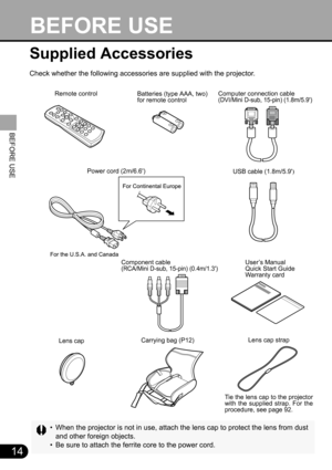 Page 1414
BEFORE USE
Supplied Accessories
Check whether the following accessories are supplied with the projector.
• When the projector is not in use, attach the lens cap to protect the lens from dust
and other foreign objects.
• Be sure to attach the ferrite core to the power cord.
Remote control
Power cord (2m/6.6)
Batteries (type AAA, two) 
for remote control
USB cable (1.8m/5.9)
Computer connection cable 
(DVI/Mini D-sub, 15-pin) (1.8m/5.9)
Carrying bag (P12)Lens capLens cap strap
Tie the lens cap to the...