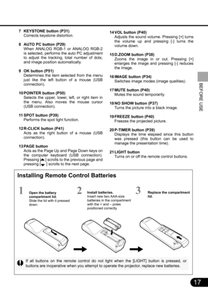 Page 1717
BEFORE USE
14 VOL button (P40)
Adjusts the sound volume. Pressing [+] turns
the volume up and pressing [-] turns the
volume down.
15 D.ZOOM button (P38)
Zooms the image in or out. Pressing [+]
enlarges the image and pressing [-] reduces
the image.
16 IMAGE button (P34)
Switches image modes (image qualities).
17 MUTE button (P40)
Mutes the sound temporarily.
18 NO SHOW button (P37)
Turns the picture into a black image.
19 FREEZE button (P40)
Freezes the projected picture. 
20 P-TIMER button (P39)...