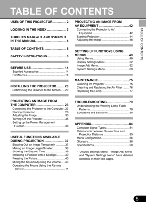 Page 55
TABLE OF CONTENTS
PROJECTING AN IMAGE FROM
AV EQUIPMENT ...................................42
Connecting the Projector to AV 
   Equipment ................................................42
Starting Projection.......................................44
Adjusting the Image ....................................48
SETTING UP FUNCTIONS USING 
MENUS .................................................49
Using Menus ...............................................49
Display Settings Menu...