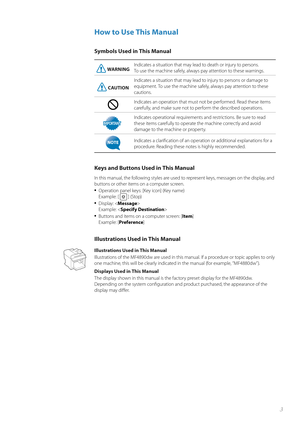 Page 33
How to Use This Manual
Symbols Used in This Manual
WARNINGIndicates a situation that may lead to death or injury to persons. 
T
o u
se the machine safely, always pay attention to these warnings.
CAUTION Indicates a situation that may lead to injury to persons or damage to 
e
q

uipment. To use the machine safely, always pay attention to these 
cautions.
Indicates an operation that must not be performed. Read these items 
carefully, and make sure not to perform the described operations....