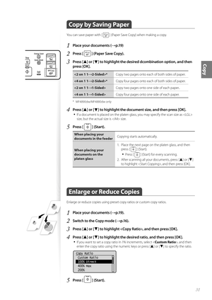 Page 3131
Copy
Copy by Saving Paper
You can save paper with [  ] (Paper Save Copy) when making a copy.
1 Place your documents (→p.19)
2 Press [  ] (Paper Save Copy).
3 Press [▲] or [▼] to highlight the desired dcombination option, and then 
press [OK].
* Copy two pages onto each of both sides of paper.
* Copy four pages onto each of both sides of paper.
 Copy two pages onto one side of each paper..
 Copy four pages onto one side of each paper.
* MF4890dw/MF4880dw only
4 Press [▲] or [▼] to highlight the...