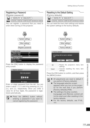 Page 113113
SETTING UP FUNCTIONS FROM MENUS
Setting Various Function
Registering a Password
[Register password]
You can register a password that you need to
enter when turning on the projector.
T
T
T
Press the [OK] button to display the password
entry screen.
Enter a 4-digit password from the left. You can
enter a value 1, 2, 3, and 4 by pressing [ ], [ ],
[], respectively. Once you enter a
value for all four digits, the password is regis-
tered automatically.
Resetting to the Default Setting
[Factory defaults]...