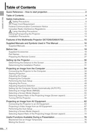 Page 44
TABLE OF CONTENTS
Table of Contents
Quick Reference – How to start projection ............................................................. 2
Table of Contents ................................................................................................... 4
Safety Instructions .................................................................................................. 7
Safety Precautions ..................................................................................................... 8...