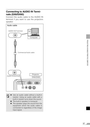 Page 3737
PROJECTING AN IMAGE FROM THE COMPUTER
Connecting to AUDIO IN Termi-
nals (SX6/SX60)
Connect the audio cable to the AUDIO IN
terminal if you want to use the projectors
speaker.
zUse an audio cable without a built-in
resistor. Using an audio cable with a
built-in resistor turns down the sound.
zThe built-in speaker is monaural.
zThe speaker plays the sound from the
equipment which the audio cable is
connected to regardless of the image
input signal.
Audio cable
AUDIO OUT terminal
AUDIO IN...