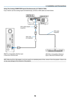 Page 25
6
2. Installation and Connections
Using Two Analog COMPUTER Inputs Simultaneously (LV-7365/LV-7265)
If you need to use two analog inputs simultaneously, connect a VGA cable as shown below.
AUDIO INAUDIO OUTS-VIDEOINVIDEOINL
AUDIO INRSERVICE PORTANALOG IN-1DIGITAL IN /ANALOG IN-2
DIGITAL IN /ANALOG IN-2ANALOG IN-1
NOTE: When the DVI to VGA adapter is not to be used for an extended period of time, remove it from the projector. Failure to do 
so may cause damage to the connector of the projector.
iBM...