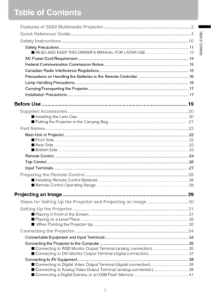 Page 55
Table of Contents
Table of Contents
Features of SX80 Multimedia Projector...................................................................... 2
Quick Reference Guide ................................................................................................ 4
Safety Instructions ..................................................................................................... 10
Safety...