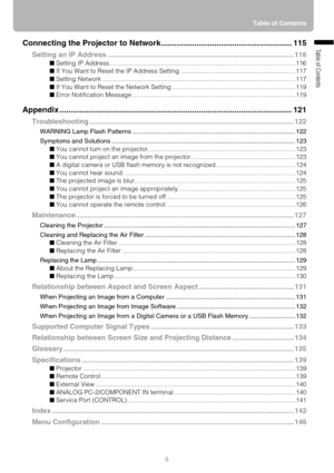 Page 99Table of Contents
Table of ContentsConnecting the Projector to Network ........................................................... 115
Setting an IP Address .............................................................................................. 116
■ Setting IP Address ......................................................................................................... 116
■ If You Want to Reset the IP Address Setting ................................................................. 117
■...