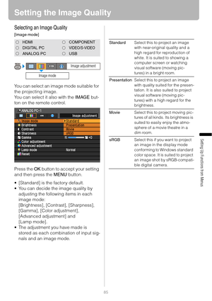 Page 8585
Setting Up Functions from Menus
Setting the Image Quality
Selecting an Image Quality
[Image mode]
You can select an image mode suitable for 
the projecting image.
You can select it also with the IMAGE but-
ton on the remote control.
Press the OK button to accept your setting 
and then press the MENU button.
 [Standard] is the factory default.
 You can decide the image quality by 
adjusting the following items in each 
image mode:
[Brightness], [Contrast], [Sharpness],
[Gamma], [Color adjustment],...