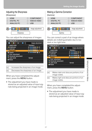 Page 8787Setting the Image Quality
Setting Up Functions from Menus
Adjusting the Sharpness
[Sharpness]
You can adjust the sharpness of images.
When you have completed the adjust-
ment, press the MENU button.
 The adjustment you have made is 
stored as an adjusted value of input sig-
nals being projected in an image mode.
Making a Gamma Correction
[Gamma]
You can correct a part of an image where 
details are indistinguishable due to too 
dark or too light tone.
When you have completed the adjust-
ment, press...