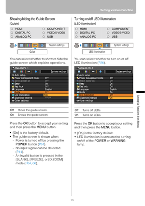 Page 9595Setting Various Function
Setting Up Functions from Menus
Showing/hiding the Guide Screen
[Guide]
You can select whether to show or hide the 
guide screen which explains operations.
Press the OK button to accept your setting 
and then press the MENU button.
 [On] is the factory default.
 The guide screen is shown when:
- Power is turned off by pressing the 
POWER button (P61).
- No input signal can be detected 
(P44).
- An invalid button is pressed in the 
[BLANK], [FREEZE], or [D.ZOOM] 
mode (P64,...