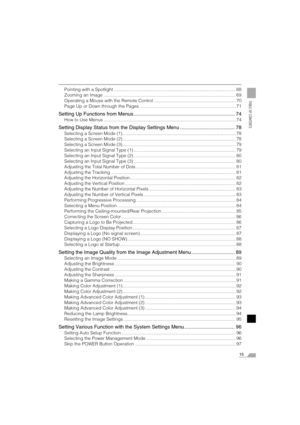 Page 1515
TABLE OF CONTENTS
Pointing with a Spotlight ................................................................................................. 68
Zooming an Image ......................................................................................................... 69
Operating a Mouse with the Remote Control ................................................................. 70
Page Up or Down through the Pages ............................................................................ 71
Setting Up...