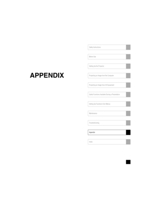 Page 117Safety Instructions
Before Use
Setting Up the Projector
Projecting an Image from the Computer
Projecting an Image from AV Equipment
Useful Functions Available During a Presentation
Setting Up Functions from Menus
Maintenance
Troubleshooting
Appendix
Index
APPENDIX
Projector_E.book  Page 117  Thursday, April 20, 2006  7:11 PM 