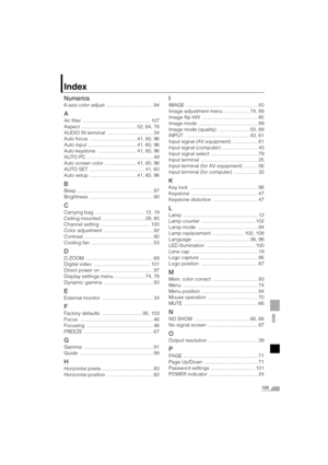 Page 125125
INDEX
Index
Numerics
6-axis color adjust  .................................. 94
A
Air filter  ................................................. 107
Aspect  ........................................ 52, 64, 78
AUDIO IN terminal  ................................. 34
Auto focus  .................................. 41, 60, 96
Auto input  ................................... 41, 60, 96
Auto keystone  ............................ 41, 60, 96
AUTO PC ................................................ 49
Auto...