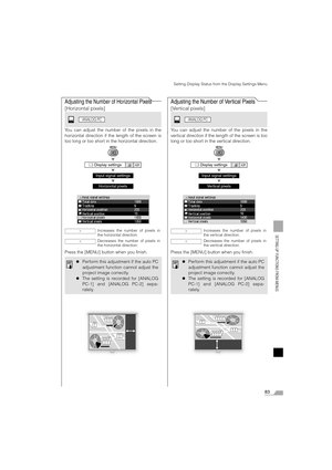 Page 8383
SETTING UP FUNCTIONS FROM MENUS
Setting Display Status from the Display Settings Menu
Adjusting the Number of Horizontal Pixels
[Horizontal pixels]
You can adjust the number of the pixels in the
horizontal direction if the length of the screen is
too long or too short in the horizontal direction.
T
T
T
Press the [MENU] button when you finish.
Adjusting the Number of Vertical Pixels
[Vertical pixels]
You can adjust the number of the pixels in the
vertical direction if the length of the screen is too...