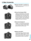 Page 1356. Major Accessories
●Camera Case EH-11L and EH-11LL
Dedicated case which can accommodate the
camera attached with a lens.
● Power Drive Booster PB-E2
Together with the Ni-MH Pack NP-E2, Power
Drive Booster PB-E2 enables a top continuous
shooting speed of about 7 frames per second.
The vertical grip has its own shutter button,
Main Dial, AE lock button, FE lock button, and
focusing point selector. It makes vertical shots
as easy as horizontal shots. With Battery
Magazine BM-E2, this Booster becomes...