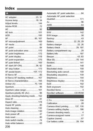 Page 206
206
IndexIndex
A
AC adapter................................ 23, 31
Access lamp ............................. 18, 34
Adjust levels.................................. 144
Adobe RGB..................................... 72
AE ................................................... 92
AE lock.......................................... 101
AEB............................................... 100
AF ........................................... 85, 167
AF microadjustment ...................... 169
AF mode...