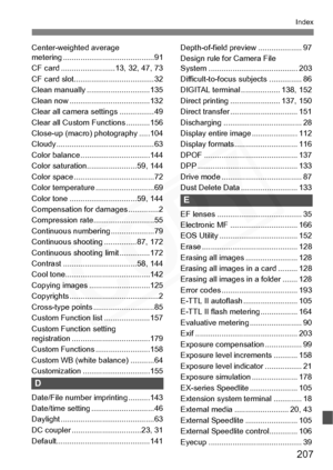 Page 207
207
Index
Center-weighted average 
metering .......................................... 91
CF card .........................13, 32, 47, 73
CF card slot..................................... 32
Clean manually .............................135
Clean now .....................................132
Clear all camera settings ................ 49
Clear all Custom Functions ...........156
Close-up (macro) photography .....104
Cloudy ............................................. 63
Color balance...