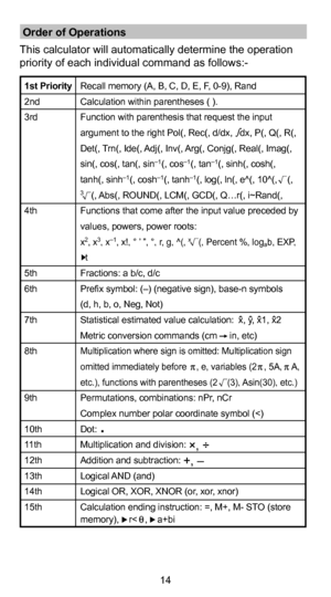 Page 1514
Recall memory (A, B, C, D, E, F, 0-9), Rand
Calculation within parentheses ( ).
Function with parenthesis that request the input 
argument to the right Pol(, Rec(, d/dx,   dx, P(, Q(, R(, 
Det(, Trn(, Ide(, Adj(, Inv(, Arg(, Conjg(, Real(, Imag(, 
sin(, cos(, tan(, sin
–1(, cos–1(, tan–1(, sinh(, cosh(, 
tanh(, sinh–1(, cosh–1(, tanh–1(, log(, ln(, e^(, 10^(,    (,   3   (, Abs(, ROUND(, LCM(, GCD(, Q…r(, i~Rand(,
Functions that come after the input value preceded by 
values, powers, power roots:
x2,...